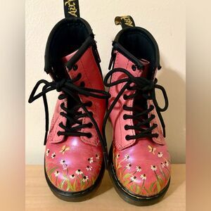 Toddler Dr. Marten Pink Patent Boots with Hand Painted Flowers US 9